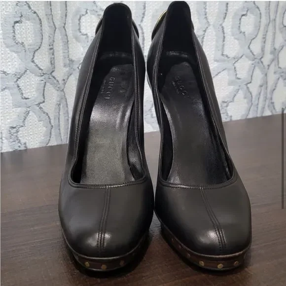Gucci Black Leather Stud GG Logo Heels 38